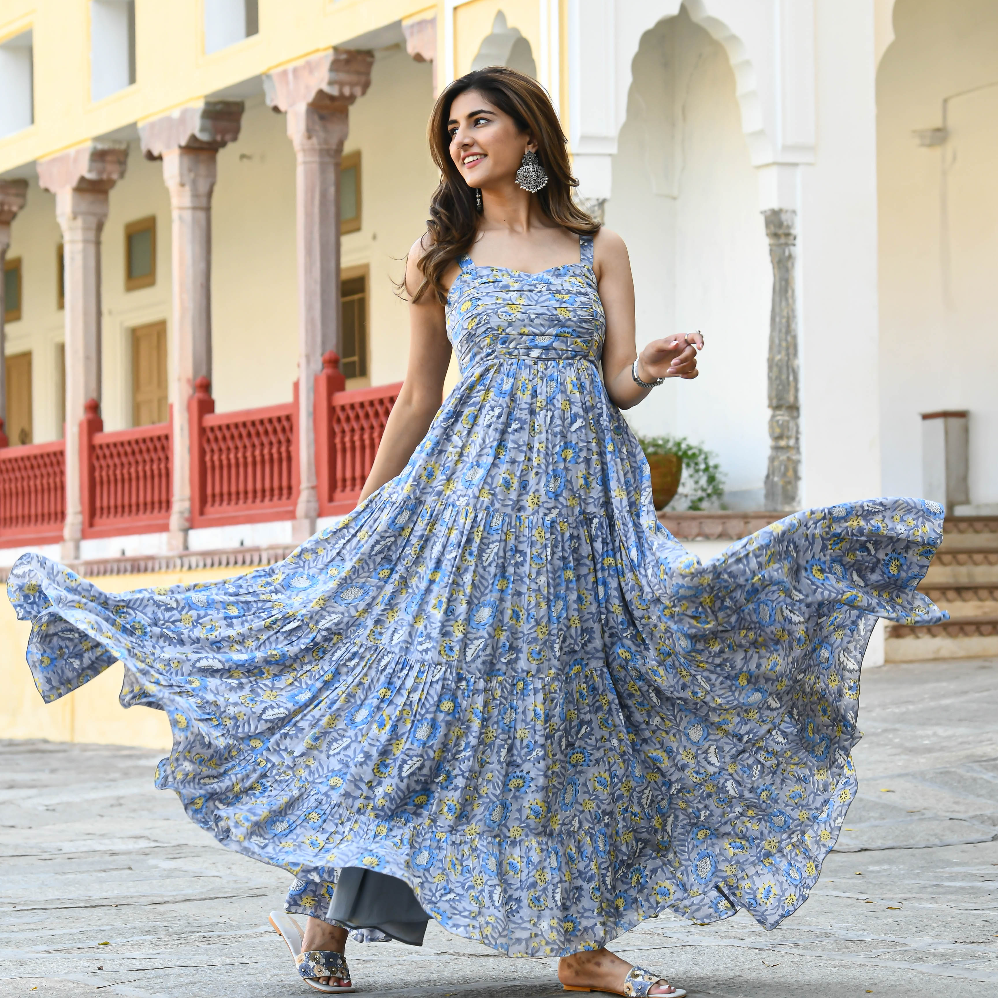 Pink and Blue Butti South Indian Fashion Gown
